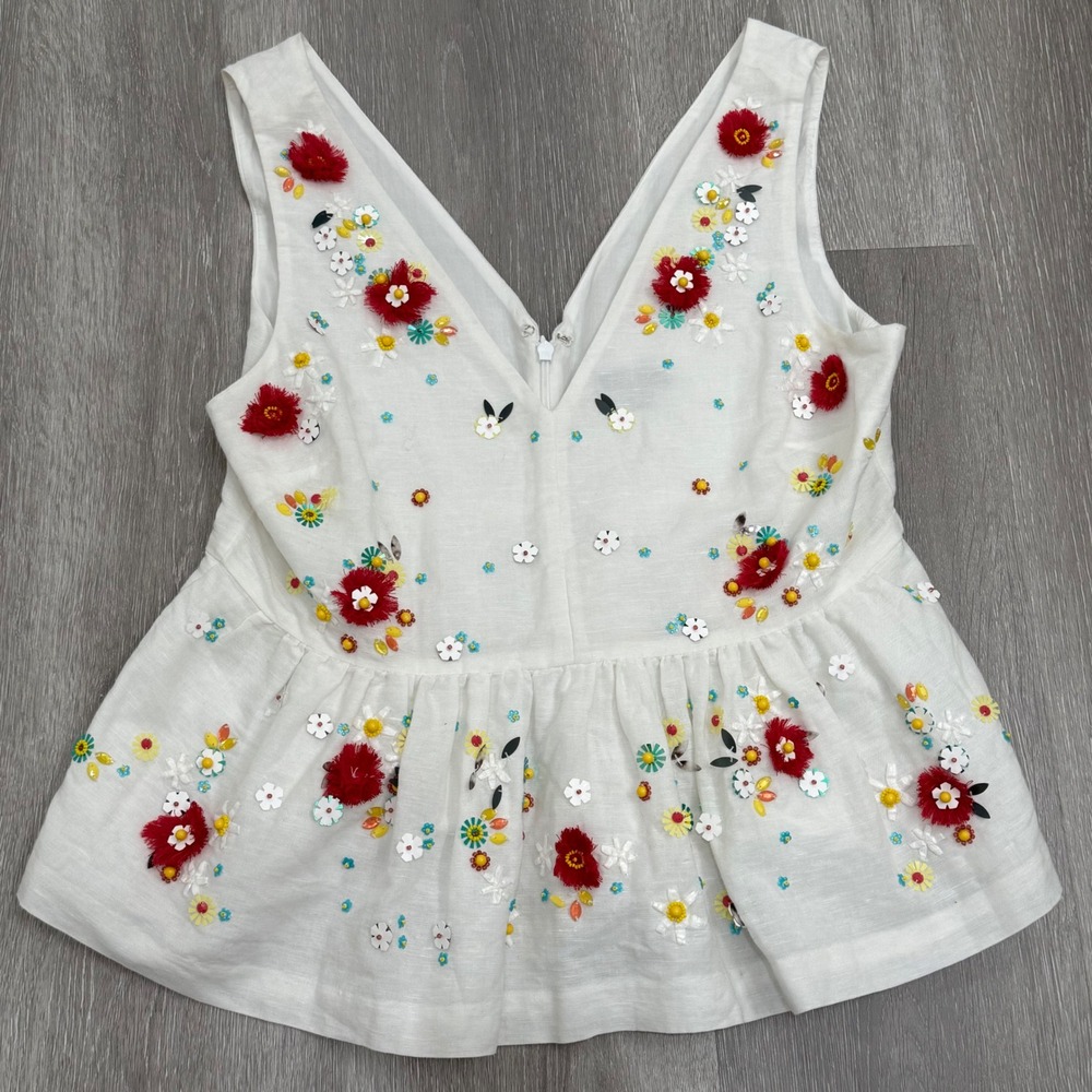 J Crew Floral Embroidered Peplum Top White Sleeveless Summer Spring Boho size 8